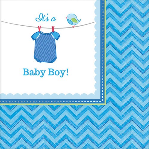 Beverage napkins featuring an adorable 'Shower With Love' boy design, perfect for baby showers and celebrations. Pack of 16.