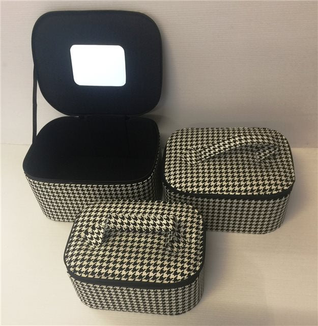 Set of 3 stylish black and white checked cosmetic bags for organizing beauty essentials in varying sizes.