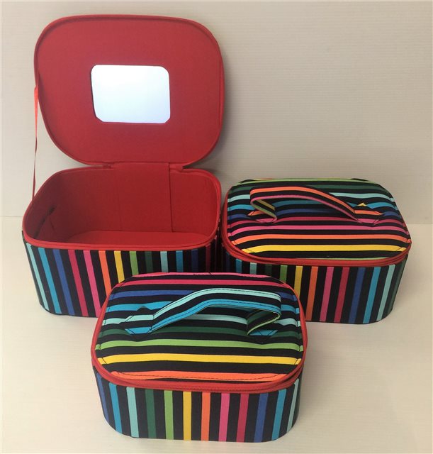 Vibrant multi-coloured cosmetic bags set of 3, perfect for organizing makeup and skincare essentials while traveling.