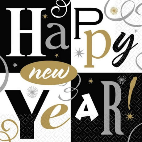 Colorful Block Party New Year beverage napkins, pack of 16, perfect for stylish celebrations and mess-free drinks.