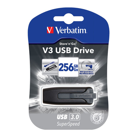 VERBATIM 256GB USB 3.0 hard drive in grey, featuring retractable design and fast data transfer speeds for on-the-go storage.