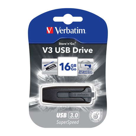 Sleek grey Verbatim Store'n'Go V3 USB 3.0 Drive 16GB with retractable design for fast data transfer and protection.