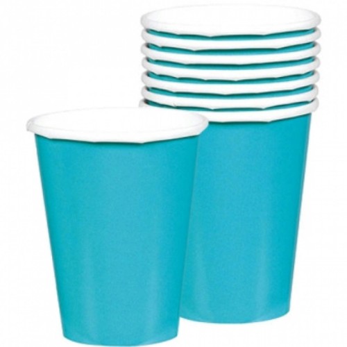 Vibrant Caribbean Blue paper cups pack of 20, ideal for hot and cold drinks at any event, eco-friendly and easy to use.