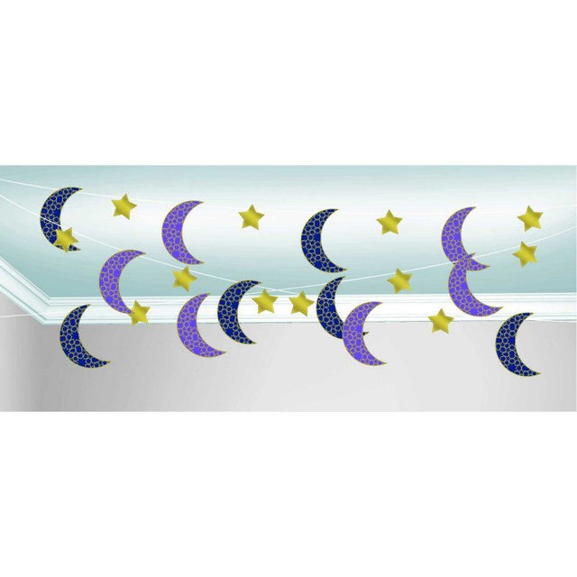 Decorative hanging string with moon and star designs, ideal for creating a whimsical atmosphere at events.