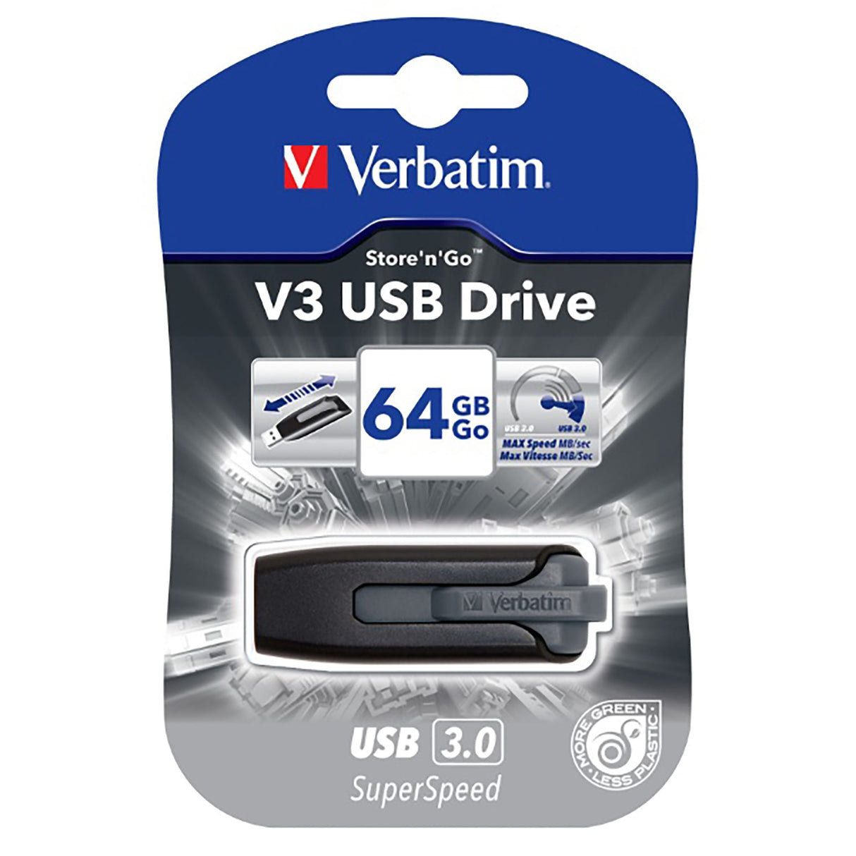 Portable 64GB hard drive in sleek black, features USB 3.0 for fast transfers and a retractable design for protection.