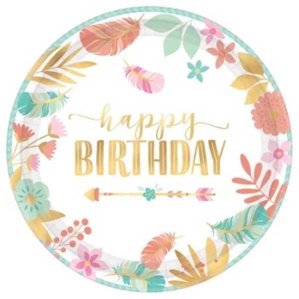 Stylish pack of 8 metallic plates (26cm) with boho design, perfect for elegant birthday parties and easy clean-up.