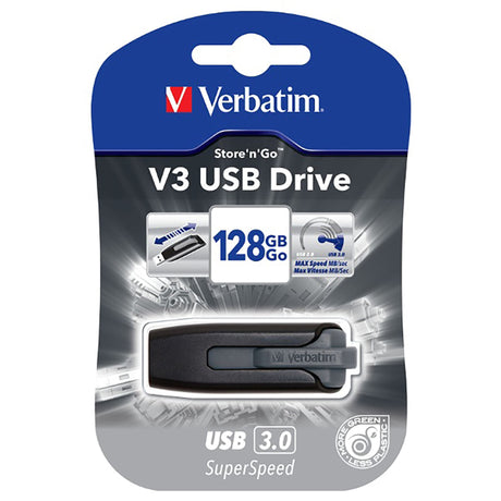 VERBATIM USB 3.0 Hard Drive in Grey, 128GB, features retractable design for protection and offers fast data transfer speeds.