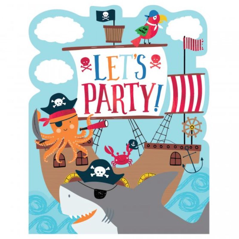 Colorful pack of 8 Ahoy Birthday Novelty Invitations featuring nautical designs, envelopes, and stickers for kids' parties.