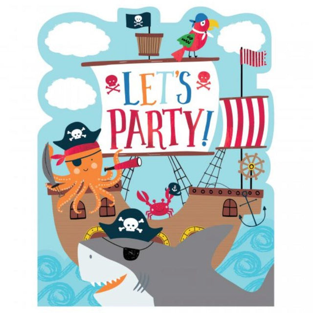 Colorful pack of 8 Ahoy Birthday Novelty Invitations featuring nautical designs, envelopes, and stickers for kids' parties.