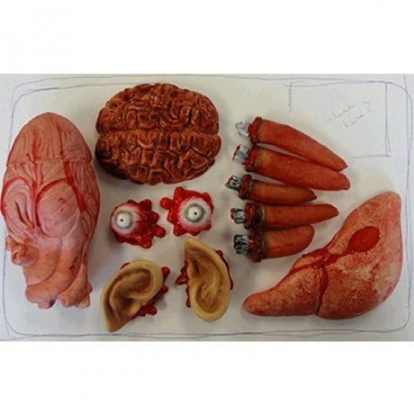 Realistic plastic meat props in assorted styles, perfect for Halloween parties and spooky decorations.