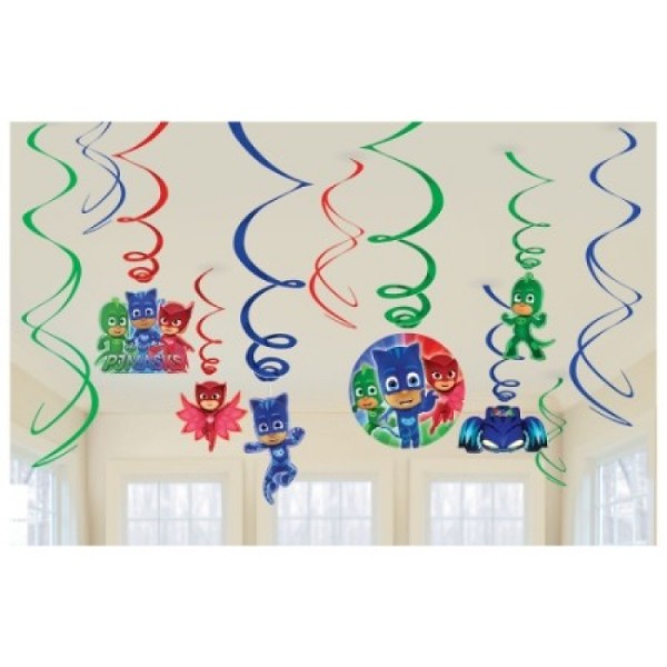 Colorful Pj Masks swirl decorations including plain swirls, cardboard cutouts, and plastic '1' for festive celebrations.