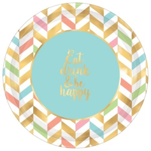 Set of 8 shiny round metallic plates, 26CM, ideal for stylish dining and entertaining, featuring "Eat, Drink & Be Happy" design.