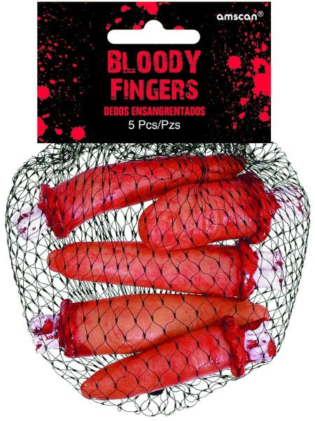 Pack of 5 realistic plastic bloody fingers, perfect for creating a chilling Halloween ambiance.