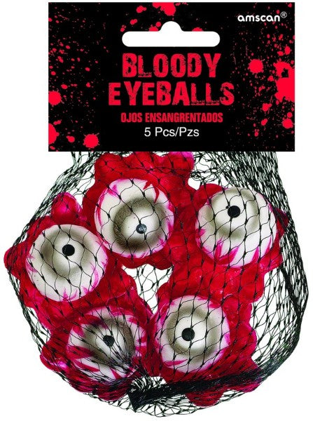 Pack of 5 creepy plastic bloody eyeballs perfect for Halloween decorations and spooky events.