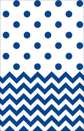 Bright royal blue chevron plastic tablecover, 54"x102", perfect for stylish table settings at parties and events.