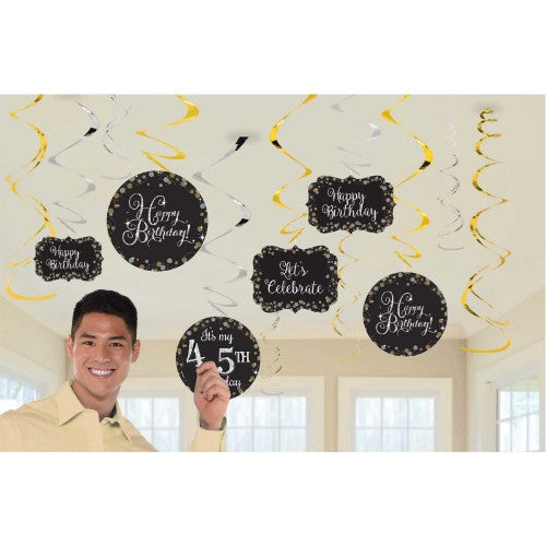 Colorful hanging swirl decorations featuring cutouts and stickers for customizable celebrations of any age. Pack of 12.