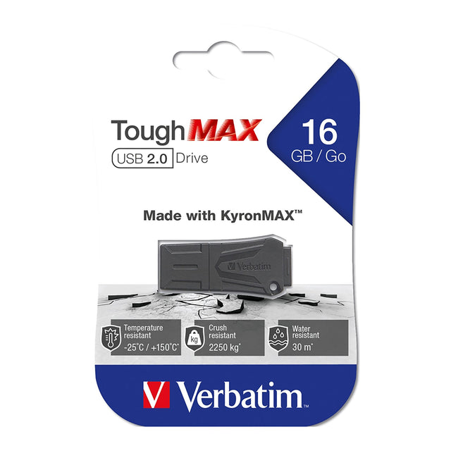 Durable 16GB VERBATIM TOUGHMAX USB drive, crush, water, and temperature resistant for adventurous data storage.