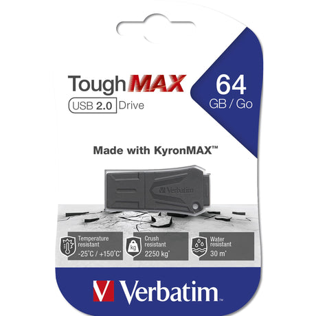 Durable VERBATIM TOUGHMAX 64GB USB drive, crush, water, and temperature resistant for extreme data protection.