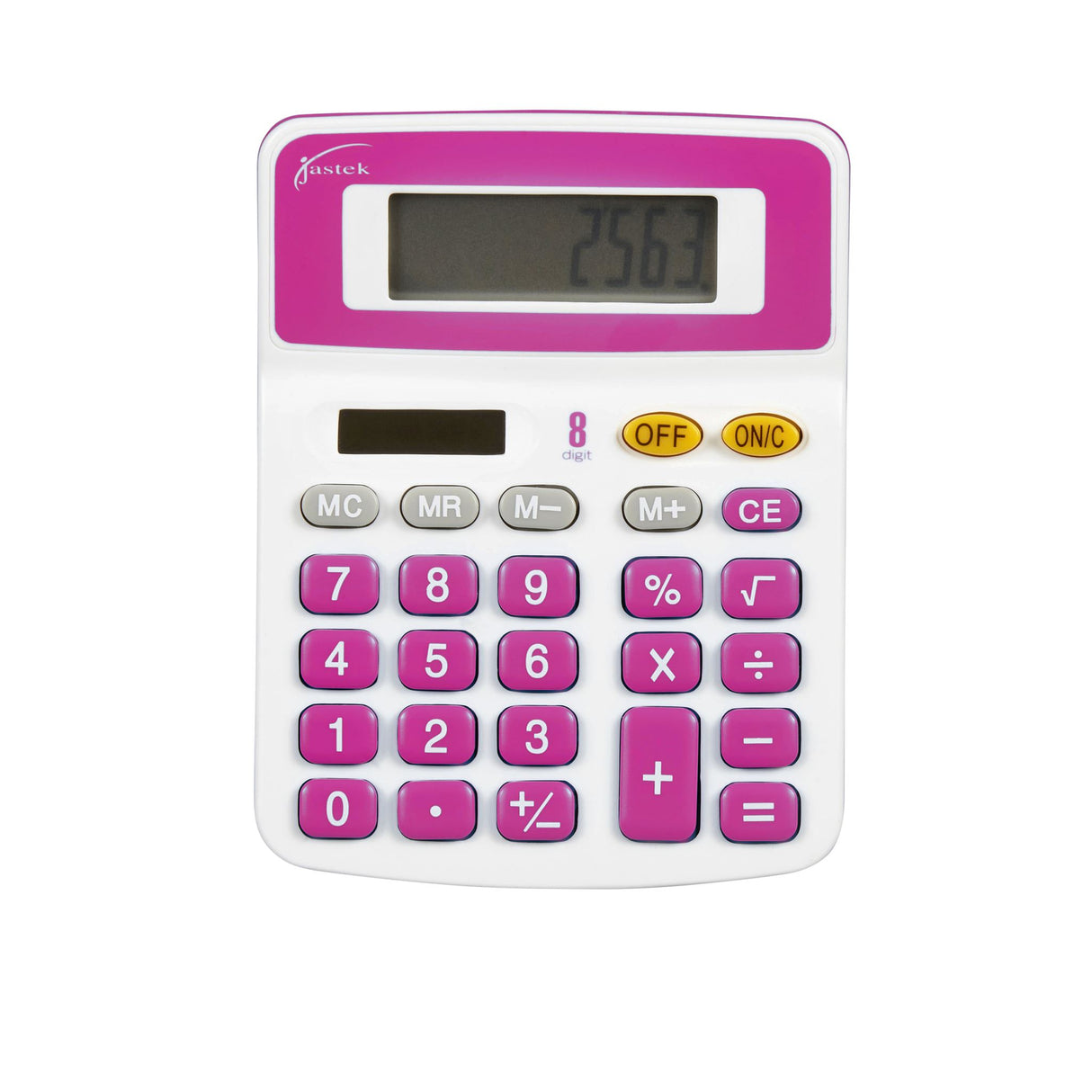 Jastek Desktop Calculator in assorted colors, featuring 8 digits, dual power, large keys, and a tilted display for easy reading.