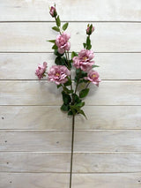 Lifelike Mauve Pink Camilia Artificial Flower Spray with 5 flowers and 2 buds, ideal for elegant home decor and maintenance-free styling.