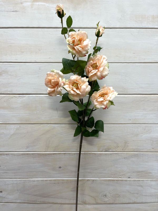 Artificial peach flower spray with 5 blooms and 2 buds, perfect for adding elegance to any decor without maintenance.