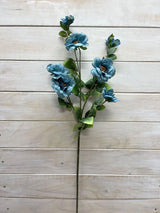 Artificial Camilia flower spray featuring 5 teal flowers and 2 buds, perfect for elegant decor without maintenance.