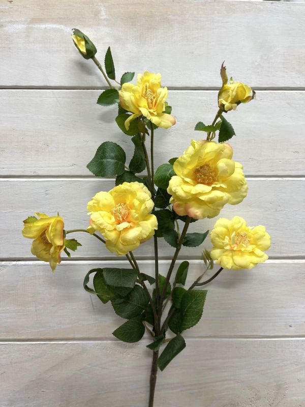 Vibrant yellow artificial Camilia flower spray with 5 flowers and 2 buds, perfect for low-maintenance home decor.