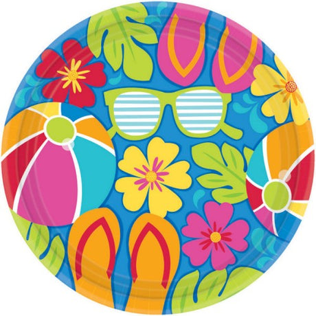 Vibrant round plates featuring a summer-themed design, perfect for outdoor gatherings and hassle-free entertaining.