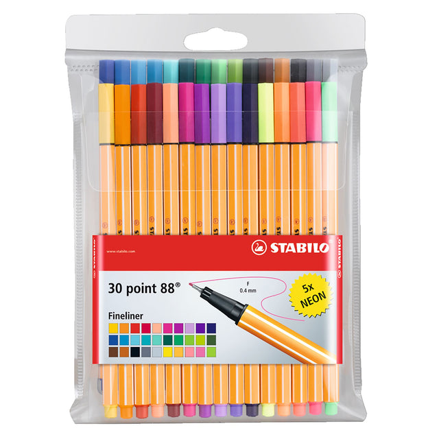 Stabilo Point 88 fineline pen wallet with 30 vibrant colors, perfect for precise writing, sketching, and creative projects.