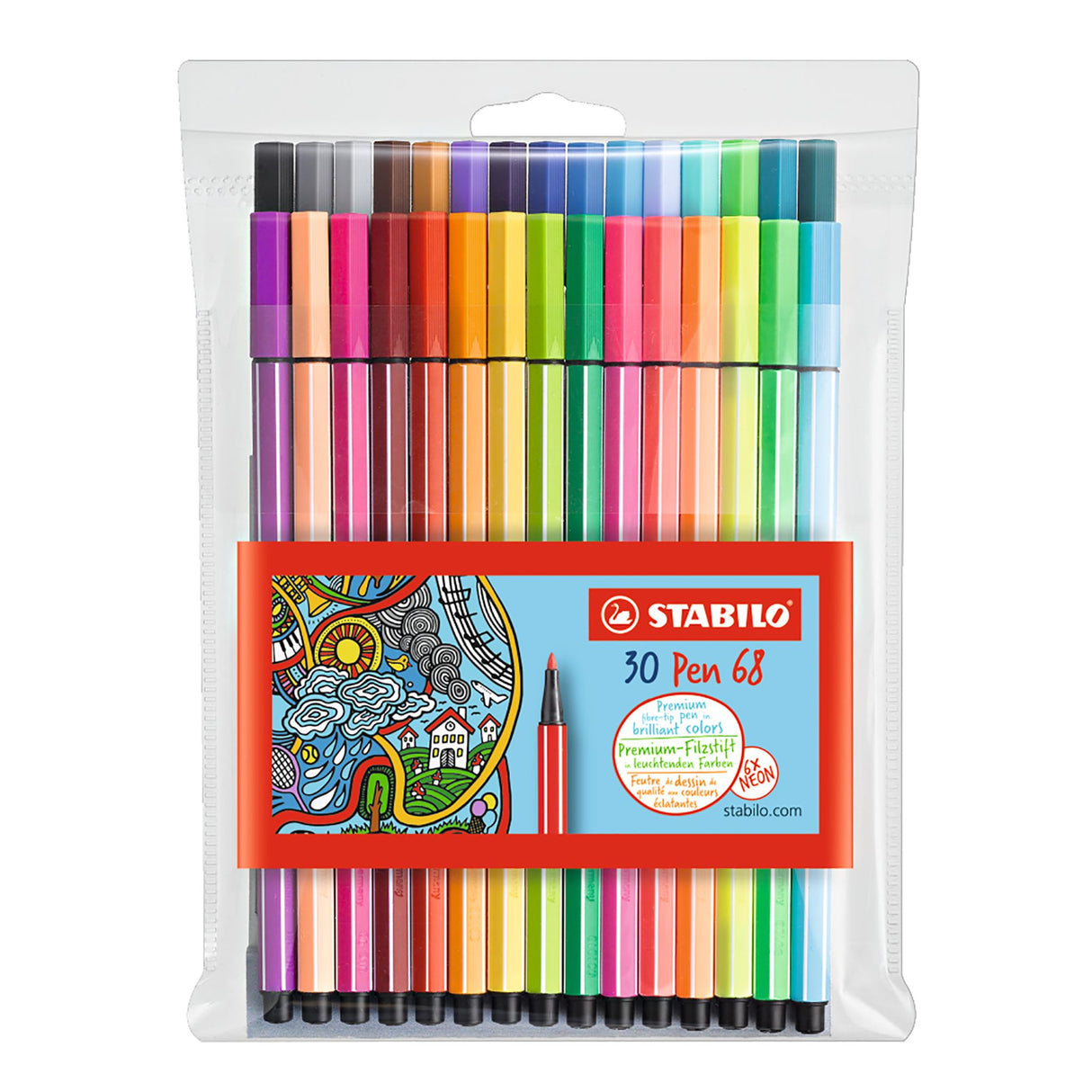 Assorted set of 30 Stabilo Pen 68 fibre-tip pens in vibrant colors, perfect for drawing and coloring with a 1mm line width.