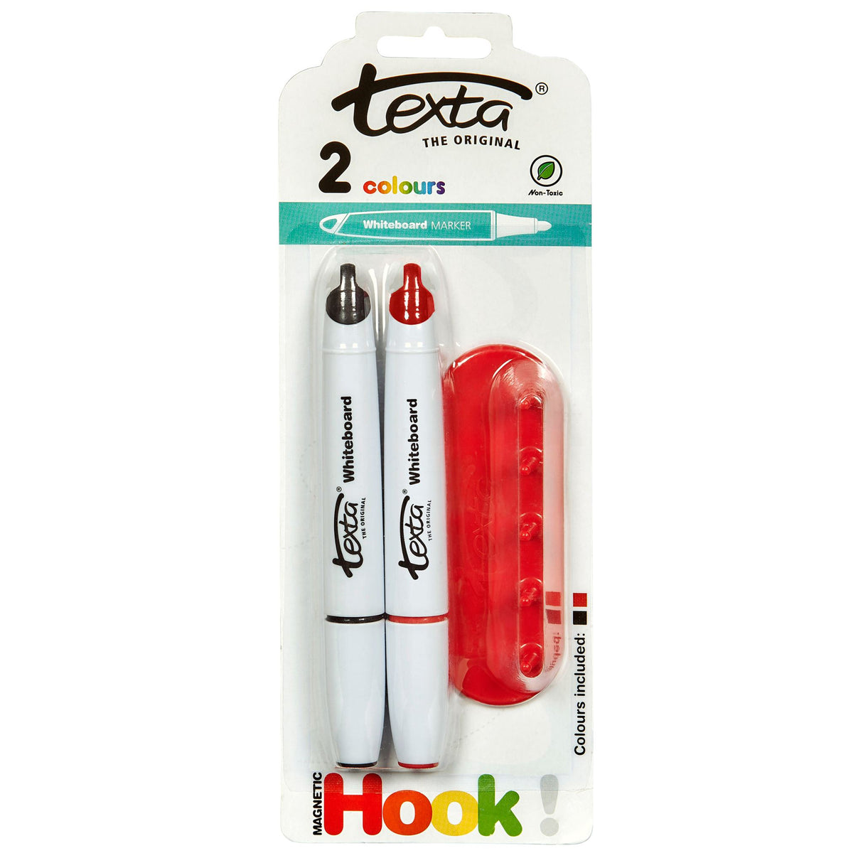 Magnetic whiteboard hook for organizing markers, includes 2 premium markers, ideal for clean workspaces.