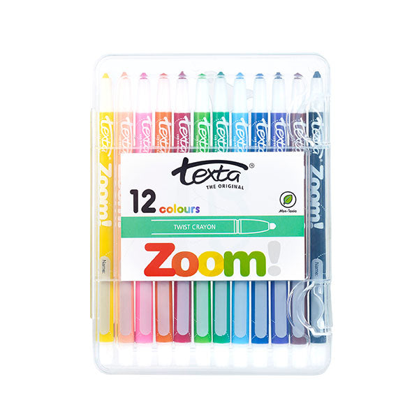 Texta Zoom Wallet 12 Hard Case for crayons, includes 10 packs, sturdy design, organized storage, non-toxic and mess-free.