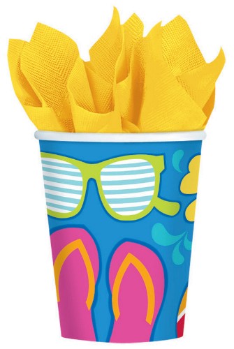 Vibrant tropical-themed cups, 266ML each, perfect for summer parties; pack of 18 for drinks and fun gatherings.