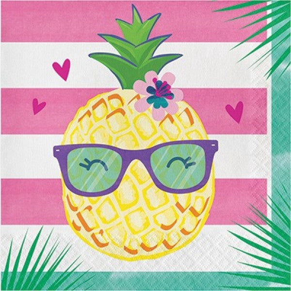 Vibrant pack of 16 pineapple-themed lunch napkins, perfect for summer gatherings and adding a tropical touch to meals.