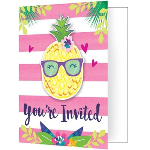 Vibrant pack of 8 pineapple invitation postcards, perfect for tropical-themed parties and personalized invites.