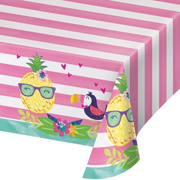 Vibrant plastic tablecover featuring playful pineapple illustrations, perfect for tropical-themed parties and easy cleanup.