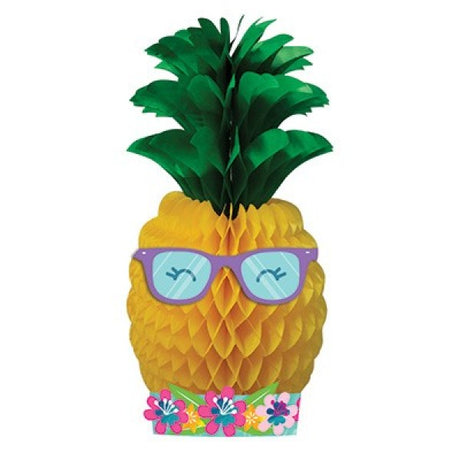 Vibrant pineapple honeycomb centerpiece with foil accents, perfect for tropical-themed celebrations and events.