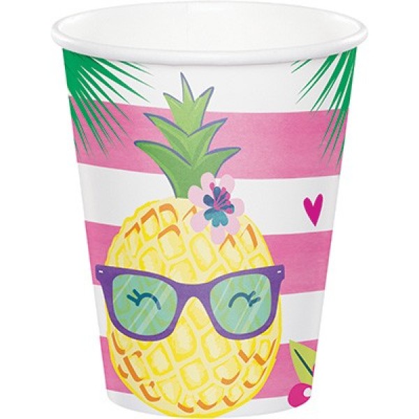 Vibrant pack of 8 pineapple-themed cups, perfect for hot and cold beverages, holding 266ml each, ideal for any occasion.