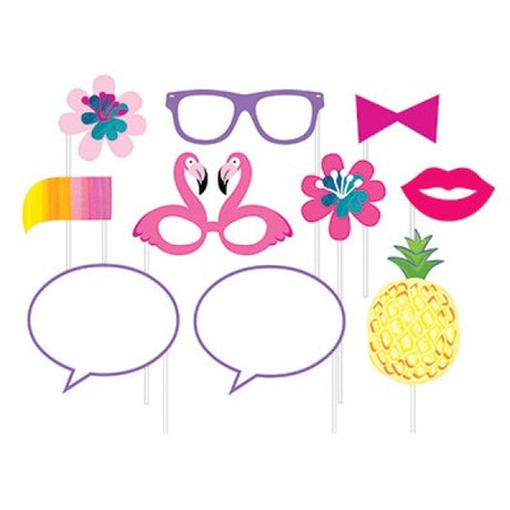 Colorful pack of 10 photo booth props featuring mustaches, glasses, and fun sayings for lively party memories.