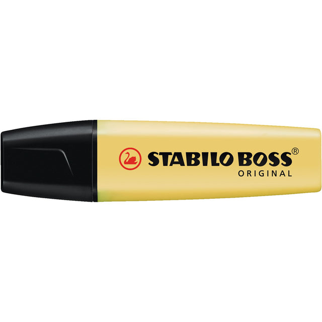 Stabilo Boss Pastel Milky Yellow highlighters - 10 units with chisel tip, water-based ink, and 4-hour cap-off time for vibrant marking.