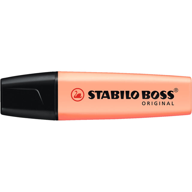 Set of 10 Stabilo Boss highlighters in pastel creamy peach, featuring a chisel tip for versatile line widths and vibrant ink.