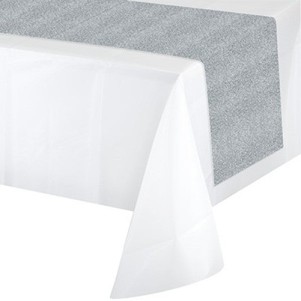 Elegant silver glitter table runner, 35CM x 2.13M, perfect for adding sparkle to any dining occasion.