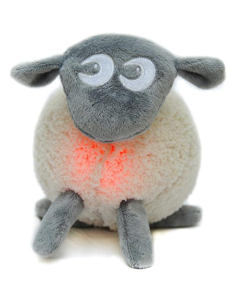 Soft grey Ewan the Dream Sheep, an award-winning sleep aid with calming womb sounds and soothing pink glow for infants.