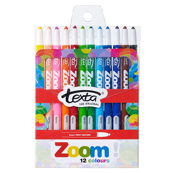 Colorful Texta Zoom Crayon Pack of 12 with twistable barrels, perfect for mess-free drawing and creativity for all ages.