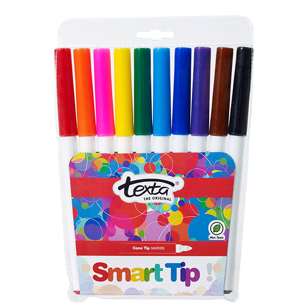 Colorful Texta Smart Tip Markers Pk10 featuring dual tips for thick and thin lines, quick-drying ink, and washable, non-toxic design.