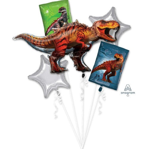 Colorful Jurassic World foil balloons in a pack of 5, perfect for dinosaur-themed parties and celebrations.