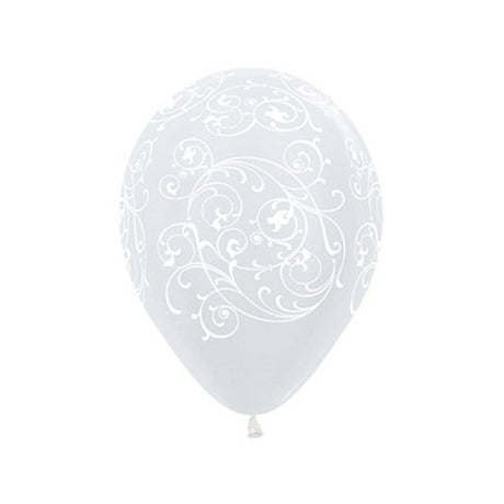 Satin Pearl White Sempertex Filigree latex balloons, 12-pack, perfect for elegant celebrations and versatile decoration options.