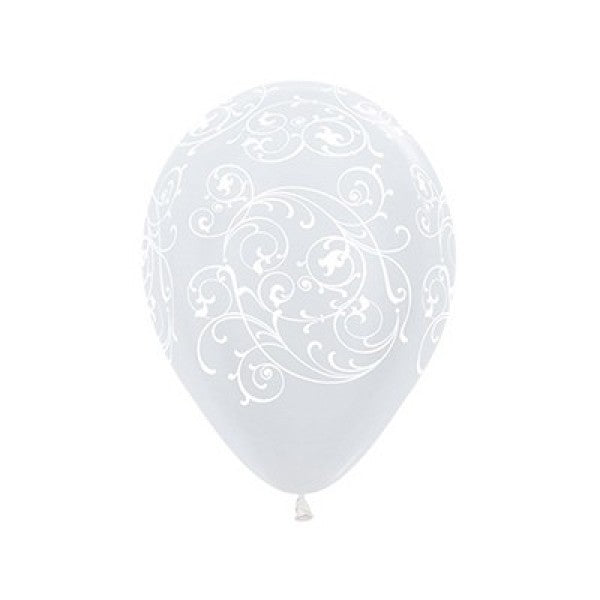 Satin Pearl White Sempertex Filigree latex balloons, 12-pack, perfect for elegant celebrations and versatile decoration options.