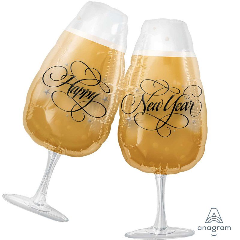 Supershape New Year's Toasting Glasses balloon, 69cm x 76cm, perfect for festive celebrations and adding elegance to events.