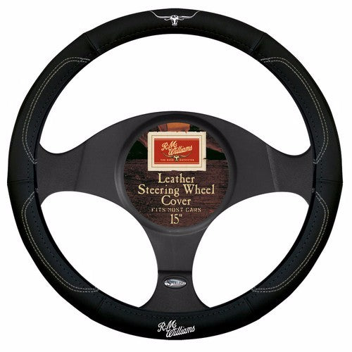 R.M.WILLIAMS black and white leather steering wheel cover, providing style, comfort, and a universal fit for most vehicles.